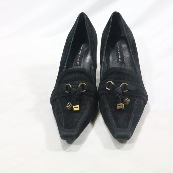 STEVEN Black Suede Bow Front Point Toe Heels - Picture 6 of 8